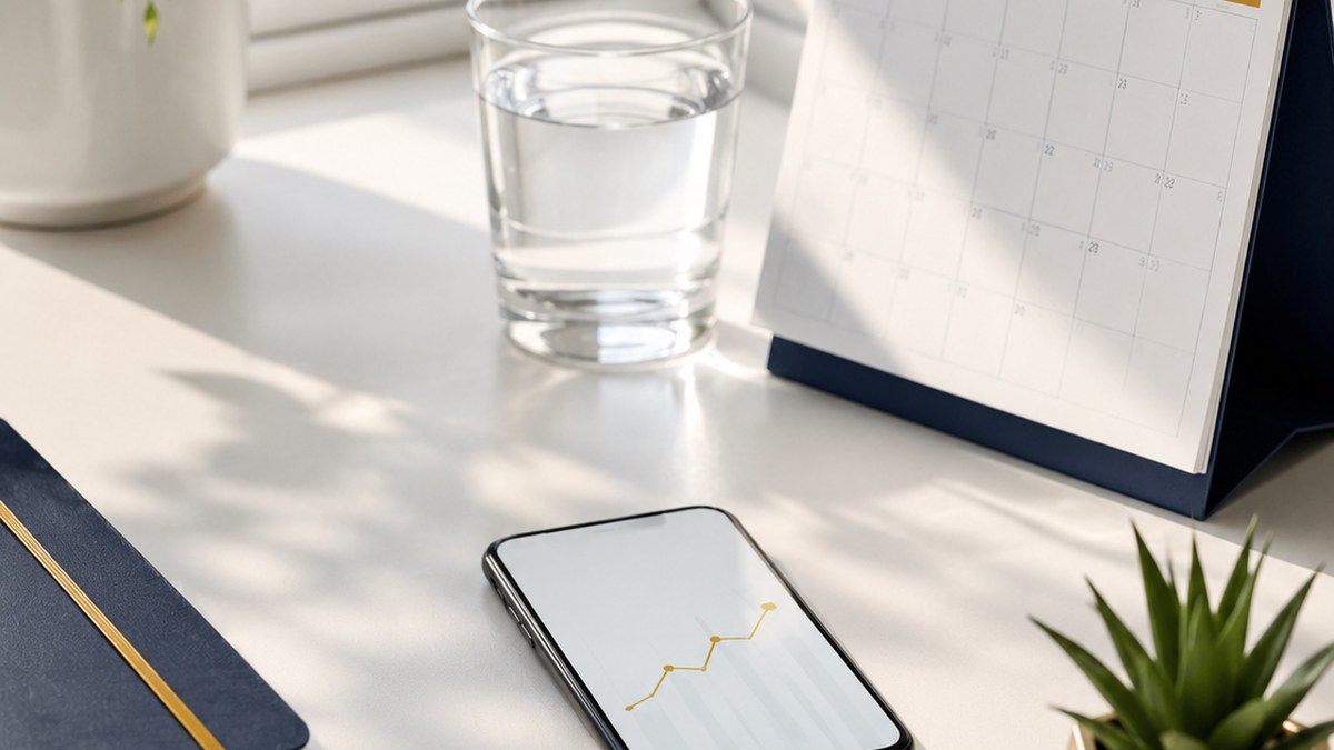 A bright windowsill desk in daylight with a calendar, a phone showing a rising gold chart, a notebook and a plant