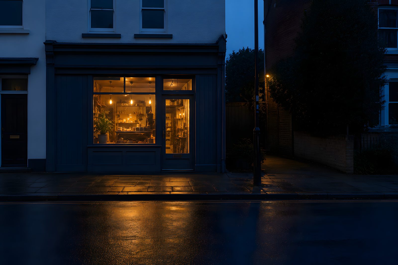 A lit shop front seen from the empty pavement opposite at dusk