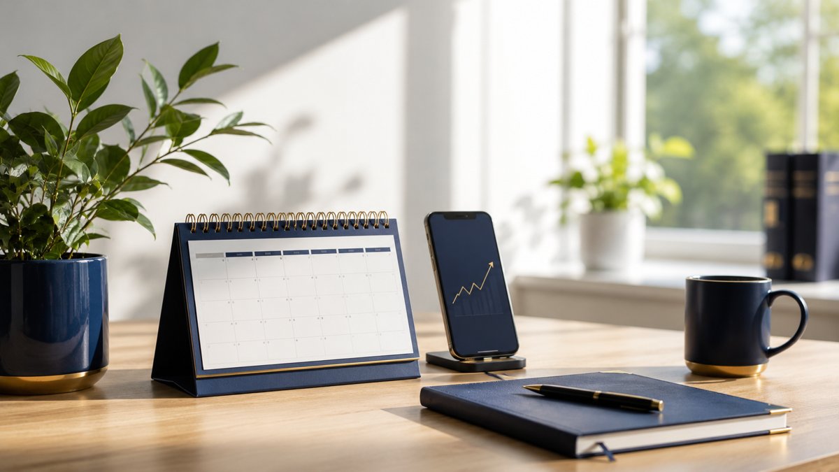 A bright modern small business desk in daylight with a navy and gold calendar, a plant and a phone showing a rising chart