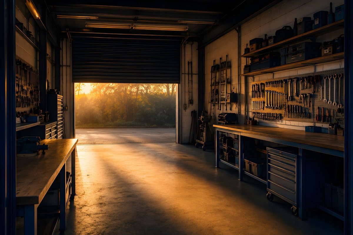 An empty workshop at dawn before the day starts